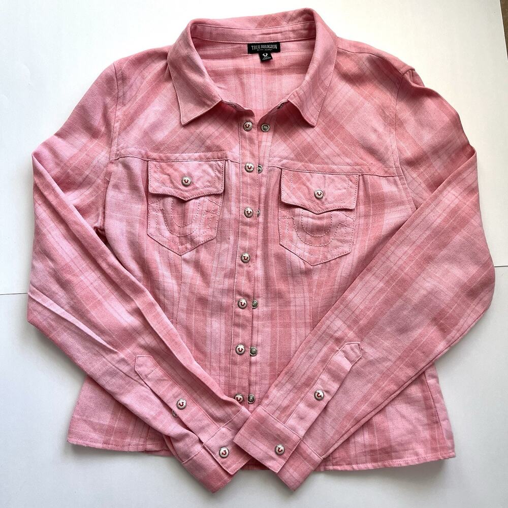 true religion pink button up 💖 y2k fitted western style shirt